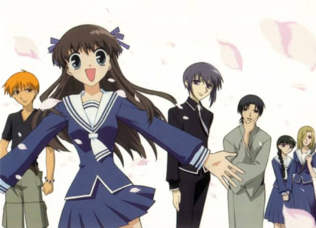 The Fruits Basket anime main characters stand together with falling petals around them, HD Desktop Wallpaper