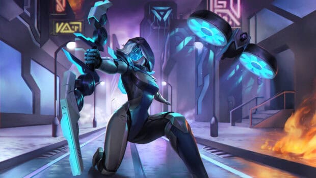 Ashe from League of Legends is shown aiming her high tech bow in a cyber city, 4K Desktop Wallpaper