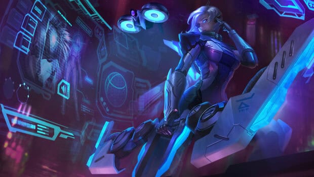 Ashe in futuristic armor with high tech bow and holographic displays, 4K Desktop Wallpaper