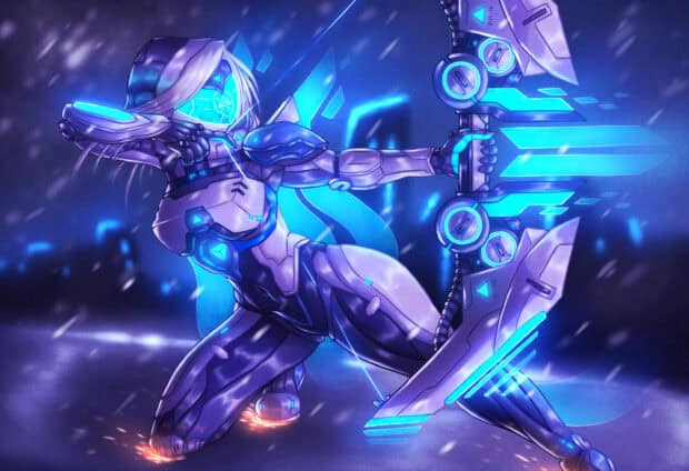 Ashe League Of Legends Wallpapers in a high tech combat suit aiming a glowing bow, 2K Desktop Wallpaper