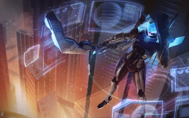 Ashe from League of Legends in cybernetic armor with digital interface displays, HD Desktop Wallpaper