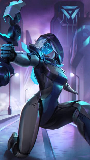 Ashe in futuristic armor aiming a bow in a neon lit cyber city at night, 4K Mobile Wallpaper