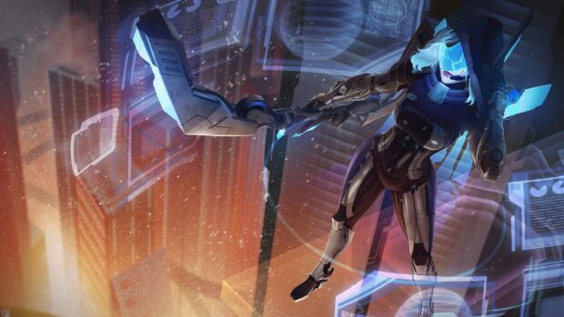 Ashe from League of Legends in a futuristic suit with holographic interfaces, HD Desktop Wallpaper