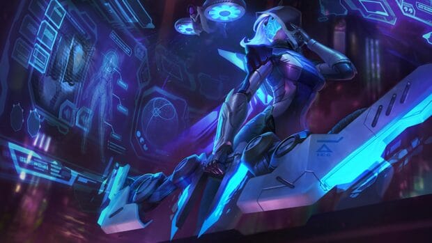 Ashe League Of Legends wallpapers showing her with glowing tech weapons, 4K Desktop Wallpaper