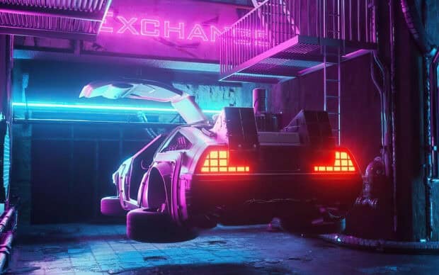 A Delorean Dmc 12 is showcased with glowing neon lights in a cyberpunk setting, HD Desktop Wallpaper