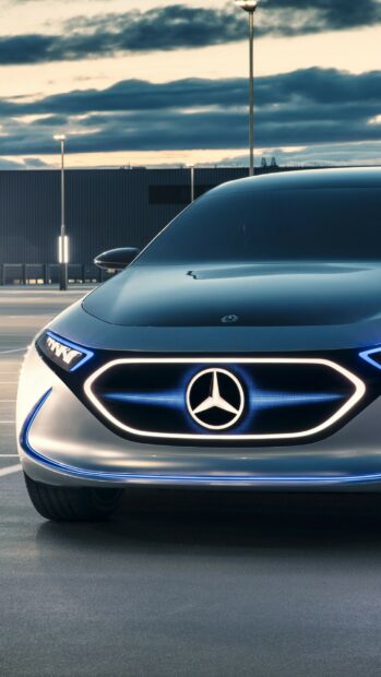 A futuristic Mercedes Benz EqS with illuminated grille parked under a cloudy sky, 2K Mobile Wallpaper