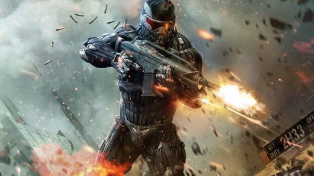A futuristic soldier in armored suit is firing an assault rifle amid flying bullets and explosions, HD Desktop Wallpaper