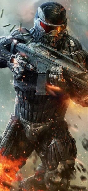 A futuristic armored soldier is firing an assault rifle amid flying bullets and flames in shooter game wallpapers, 2K Mobile Wallpaper