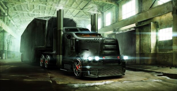 A futuristic black Scania truck is parked inside a spacious industrial warehouse with light streaming through windows, HD Desktop Wallpaper