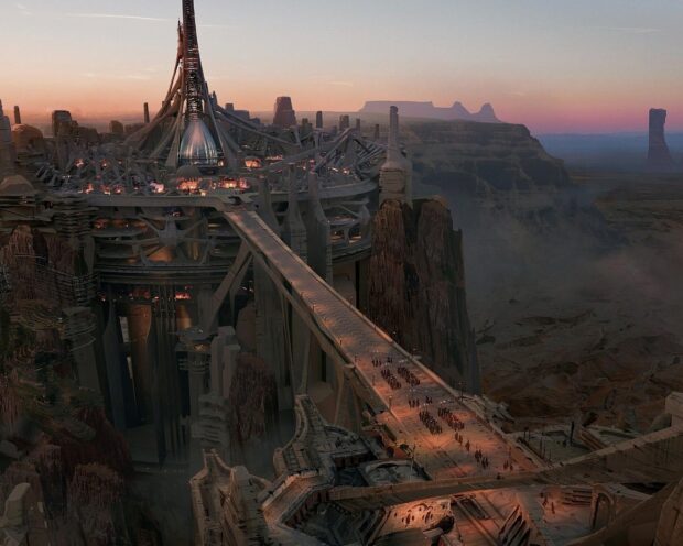 The John Carter wallpapers depict a vast futuristic city built on cliffs at sunset, 2K Desktop Wallpaper