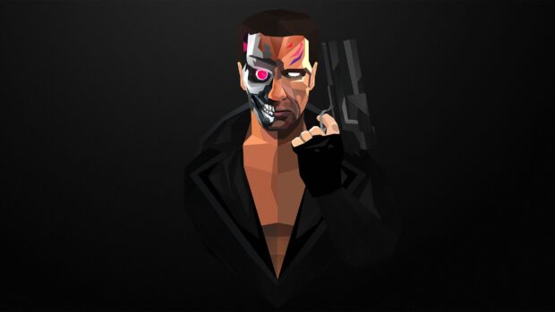 A futuristic cyborg holding a gun is depicted in this Justin Maller Wallpapers artwork, 2K Desktop Wallpaper