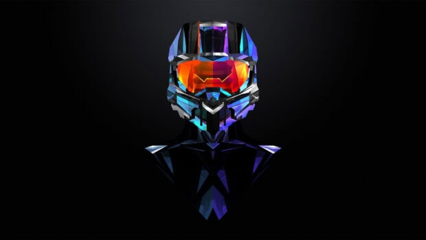 A futuristic digital helmet with vibrant colors represents Justin Maller Wallpapers, 2K Desktop Wallpaper