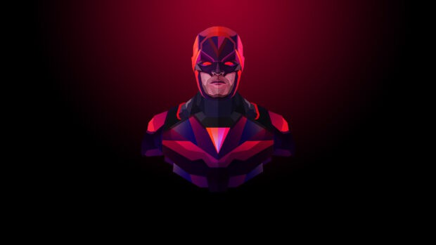 A digital portrait of a futuristic geometric superhero with glowing eyes in dark tones, 2K Desktop Wallpaper