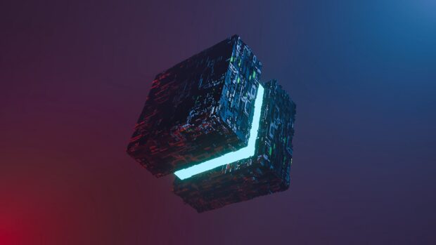 A detailed cube with illuminated circuits floating in space, 4K Desktop Wallpaper