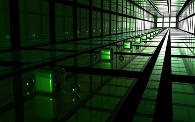 A futuristic room with glowing green cubes and reflective surfaces showcases cube wallpapers HD resolution, HD Desktop Wallpaper