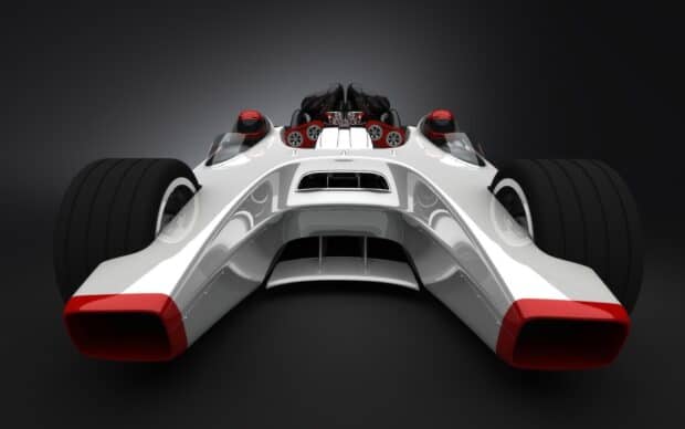 A futuristic white and red racing car with large tires is shown in this Hot Wheels wallpaper, HD Desktop Wallpaper