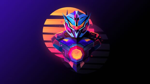A vibrant futuristic robot with geometric shapes and neon colors in Justin Maller Wallpapers style, 2K Desktop Wallpaper
