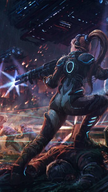 A female sniper in futuristic armor aims her weapon in a chaotic battlefield, 4K Mobile Wallpaper