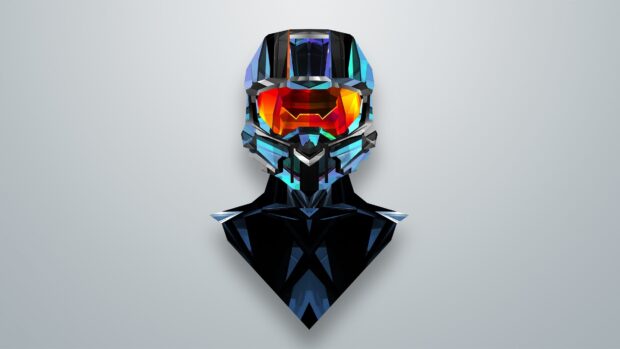 The artwork features a futuristic soldier with an orange visor in Justin Maller Wallpapers style, 4K Desktop Wallpaper