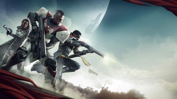Three futuristic soldiers preparing for battle in the shooter game, HD Desktop Wallpaper
