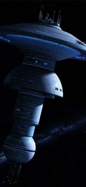 A detailed space station in orbit with cosmic background and glowing lights, 2K Phone Wallpaper