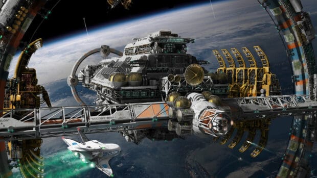 A detailed space station orbits Earth with a spaceship nearby in space station wallpapers, HD Desktop Wallpaper