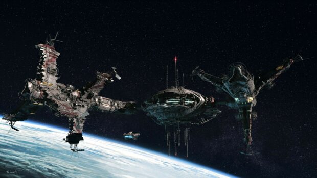 A detailed space station orbits above Earth with stars in the background featuring advanced technology, 4K Desktop Wallpaper