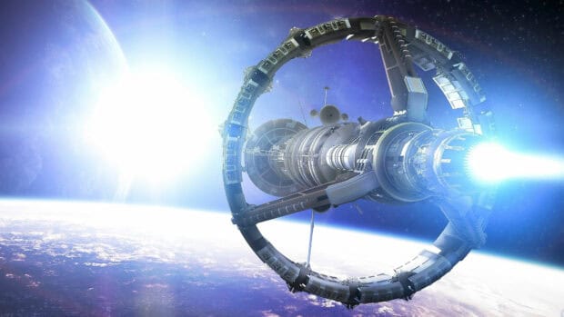 A detailed space station revolving above Earth with bright sunlight, 4K Desktop Wallpaper