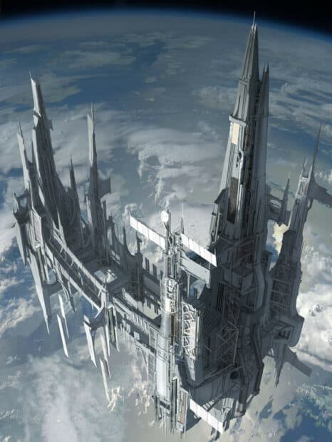 A futuristic space station is orbiting above the clouds and Earth below, HD Mobile Wallpaper