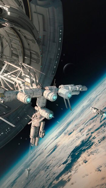 A detailed space station is orbiting above the Earth with ships flying nearby under the dark sky, HD Mobile Wallpaper