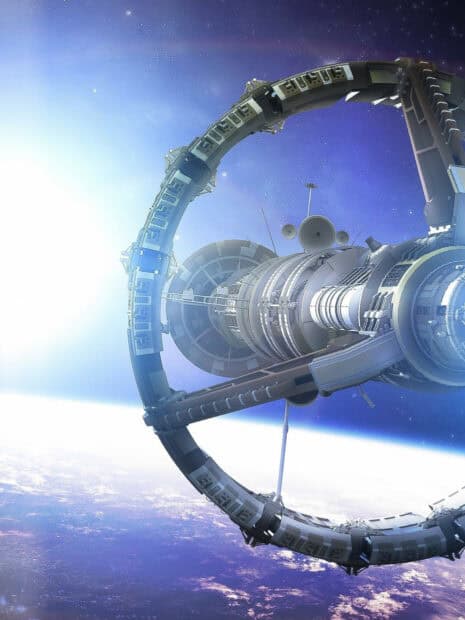 A futuristic space station orbits Earth with the sun shining brightly in the background, HD Mobile Wallpaper