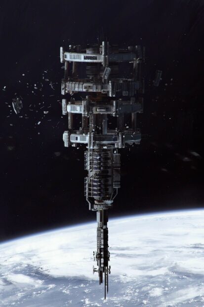 A large space station orbits above the Earth surrounded by debris in space, 2K Mobile Wallpaper