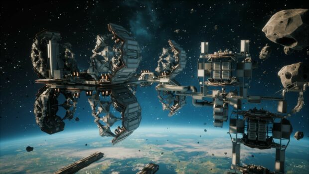 A space station orbits above Earth surrounded by asteroids and stars, HD Desktop Wallpaper