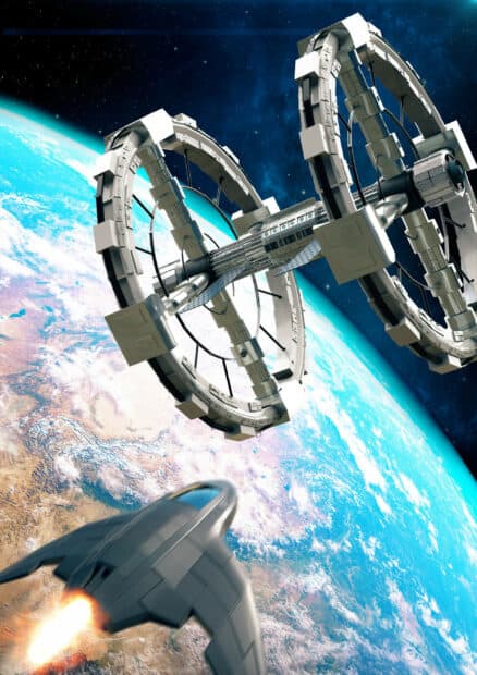 A space station orbits Earth with a spaceship flying nearby in outer space, 2K Phone Wallpaper
