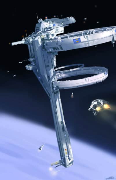 A futuristic space station hovers above a distant planet with small spacecraft flying nearby, 2K Mobile Wallpaper