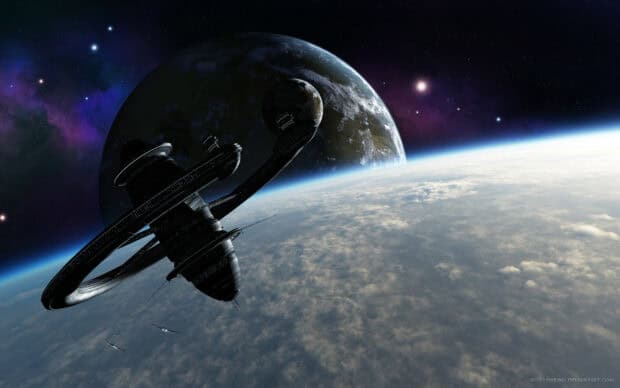 A futuristic space station is orbiting above a cloud covered planet with stars in the background, HD Desktop Wallpaper