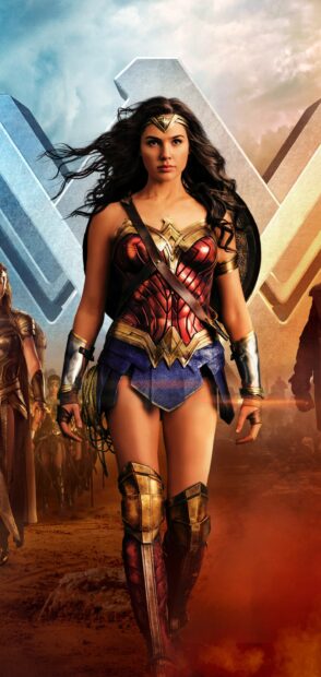 Gal Gadot portrays Wonder Woman standing confidently in armor with an army behind her, 2K Phone Wallpaper