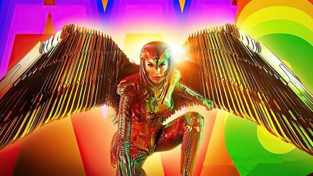 Gal Gadot Wonder Woman Wallpapers shows her in shining golden armor with metallic wings ready for battle, 2K Desktop Wallpaper