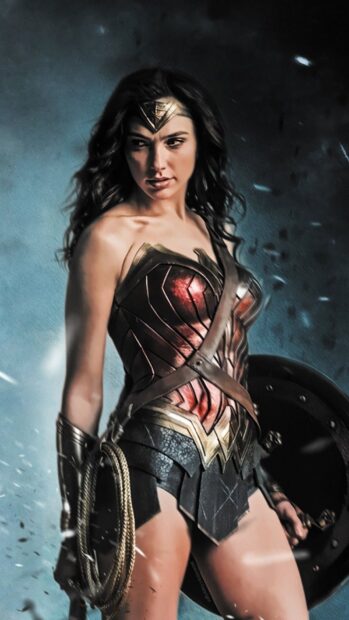 Gal Gadot as Wonder Woman stands ready with her shield and lasso in a battle stance, HD Mobile Wallpaper