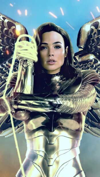Gal Gadot in golden armor holding a glowing lasso with metallic wings behind her, 2K Phone Wallpaper