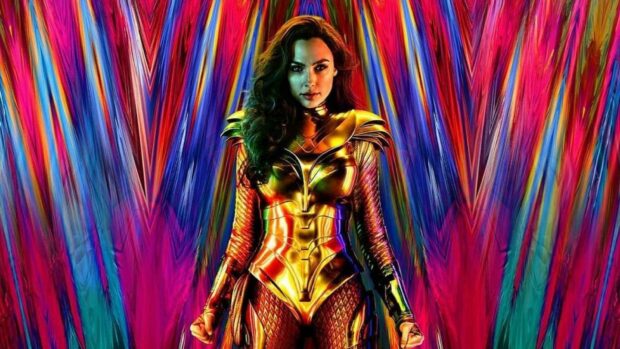 Gal Gadot Wonder Woman wallpapers feature her in shining golden armor with a colorful background, HD Desktop Wallpaper