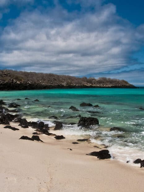 The Galapagos Islands display clear turquoise water along a rocky and sandy shore under a cloudy sky, HD Mobile Wallpaper