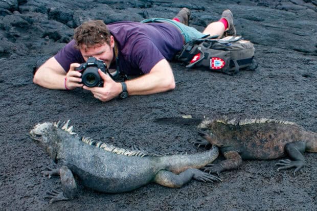 A photographer is lying on the ground capturing Galapagos Islands iguanas on black volcanic rock, 2K Desktop Wallpaper