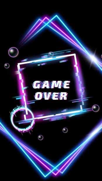 The game over text glows with neon colors surrounded by geometric shapes and bubbles, HD Mobile Wallpaper
