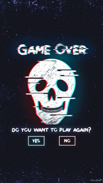 A glitch effect skull with game over text and play again options is shown, HD Mobile Wallpaper