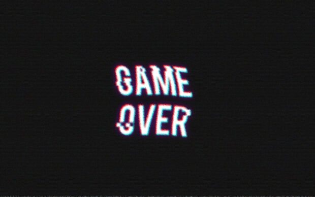 Glitch style game over text glowing on black screen, 2K Desktop Wallpaper