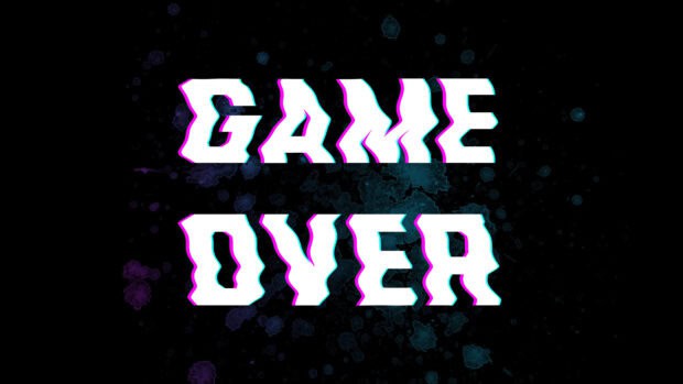 The artwork shows game over text with dark grunge splashes on black background, 4K Desktop Wallpaper