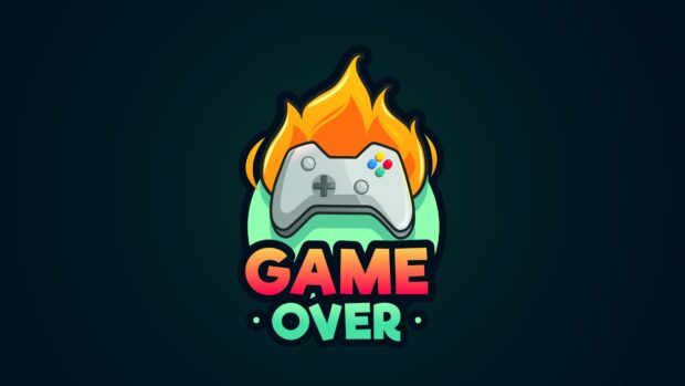 The game over design shows a flaming controller with colorful buttons on a dark background, 4K Desktop Wallpaper