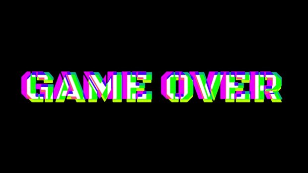 The image features colorful glitch style  Game Over  text on a black background, 4K Desktop Wallpaper