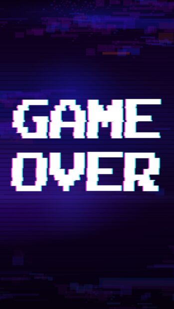 The image shows a glitch effect on game over text with pixel distortion, 2K Phone Wallpaper